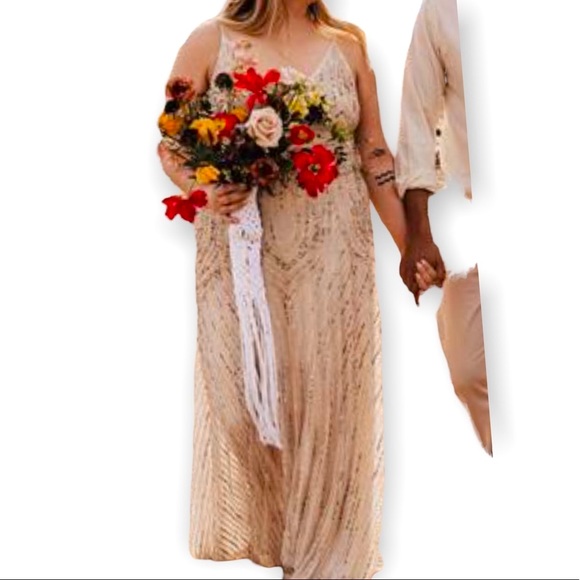 New BHLDN Fidelia 2, 4, 6, 8 Oyster Cream Allover Sequins Embellished Maxi Gown - Picture 11 of 13